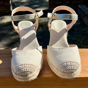 Cole Haan ivory espadrilles, jute with gold leather straps, barely worn, size 8